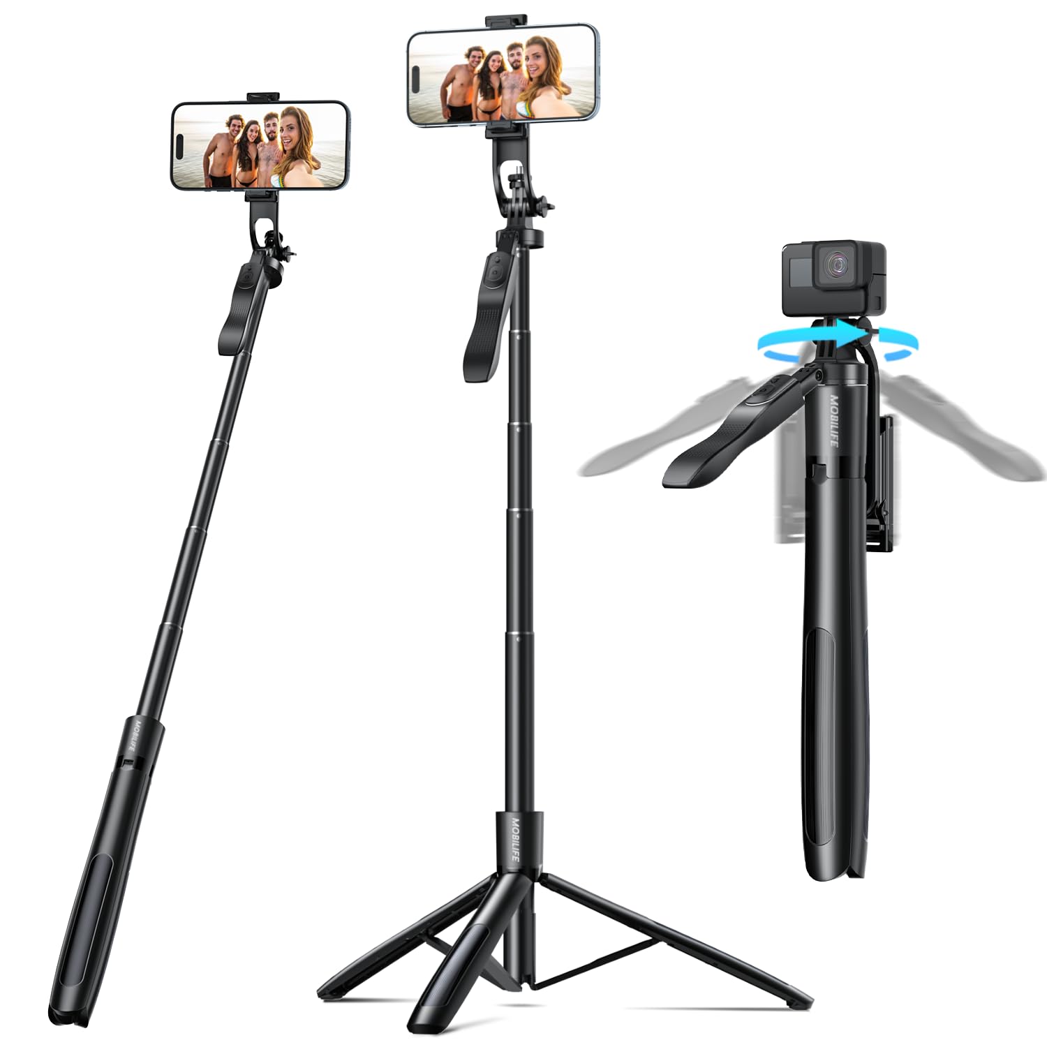 Mobilife Long Selfie Stick Tripod 360° Rotation Balance Handle 62" Extended Mobile Tripod Aluminum Bluetooth Remote 3 in 1 Selfie Tripod for Vlog Travel Smartphone Mirrorless Camera GoPro