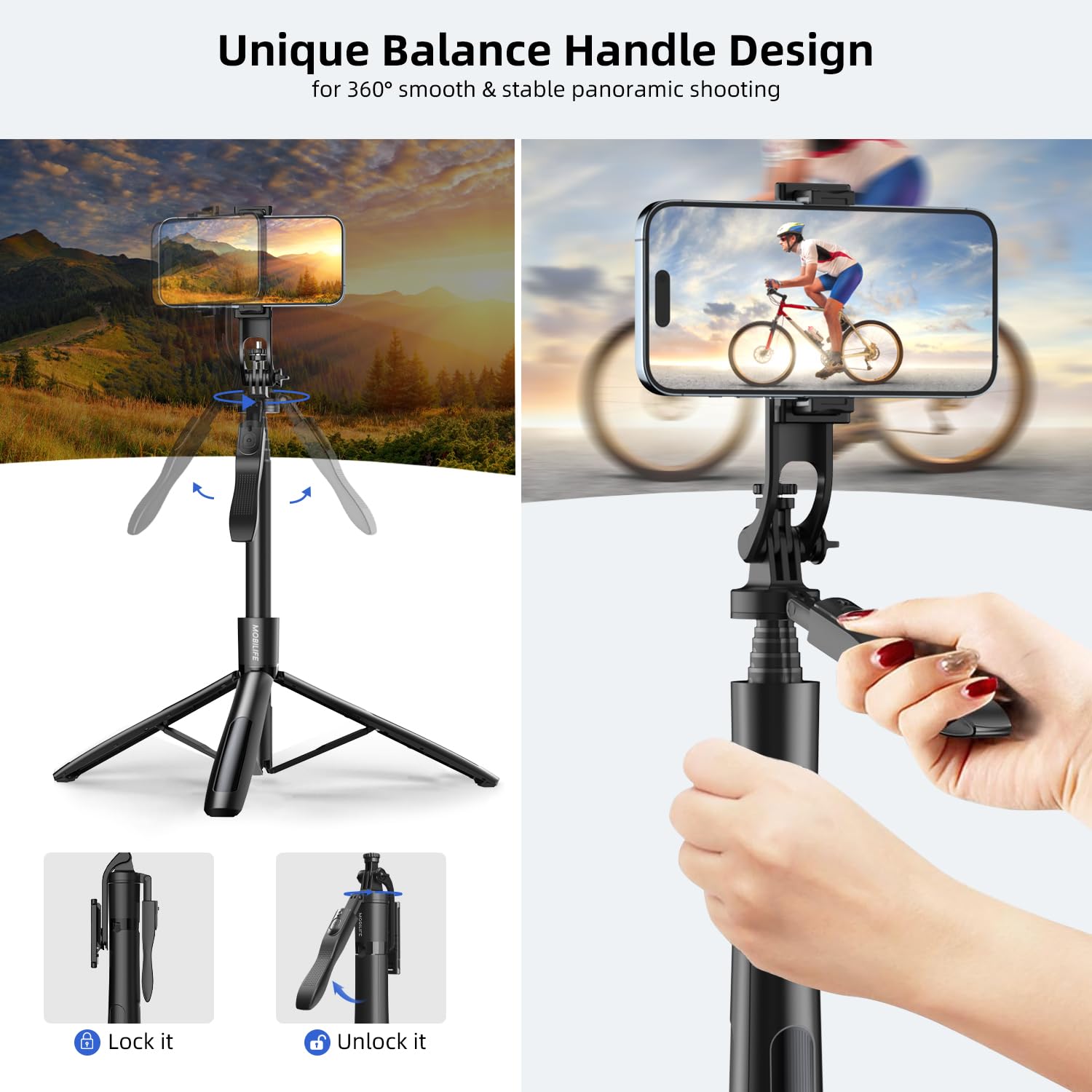 Mobilife Long Selfie Stick Tripod 360° Rotation Balance Handle 62" Extended Mobile Tripod Aluminum Bluetooth Remote 3 in 1 Selfie Tripod for Vlog Travel Smartphone Mirrorless Camera GoPro