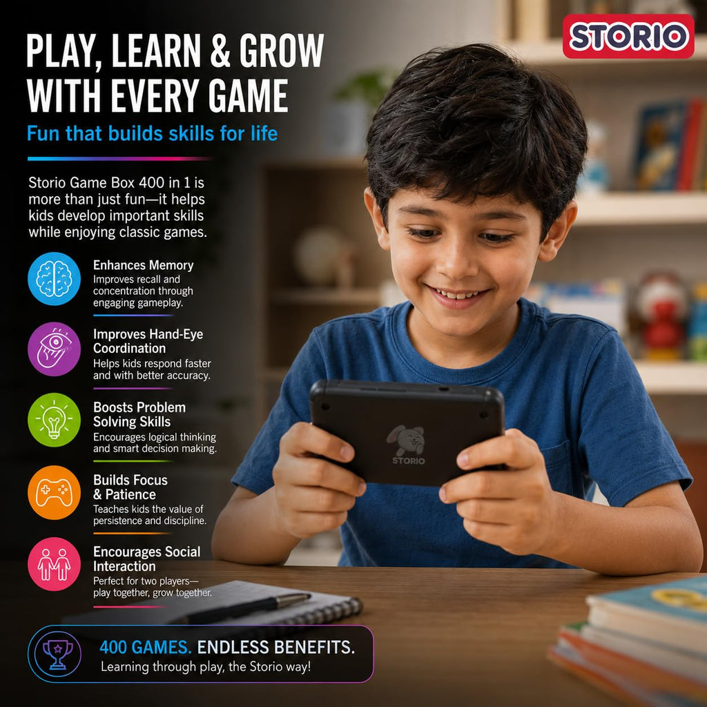 Storio Rechargeable Pocket Video Game for Kids 400 in 1 Retro Game Box Console Handheld Game Box with TV Output - Multicolor | 400 in 1 Retro Game Box Console, Handheld Game Box, TV Output