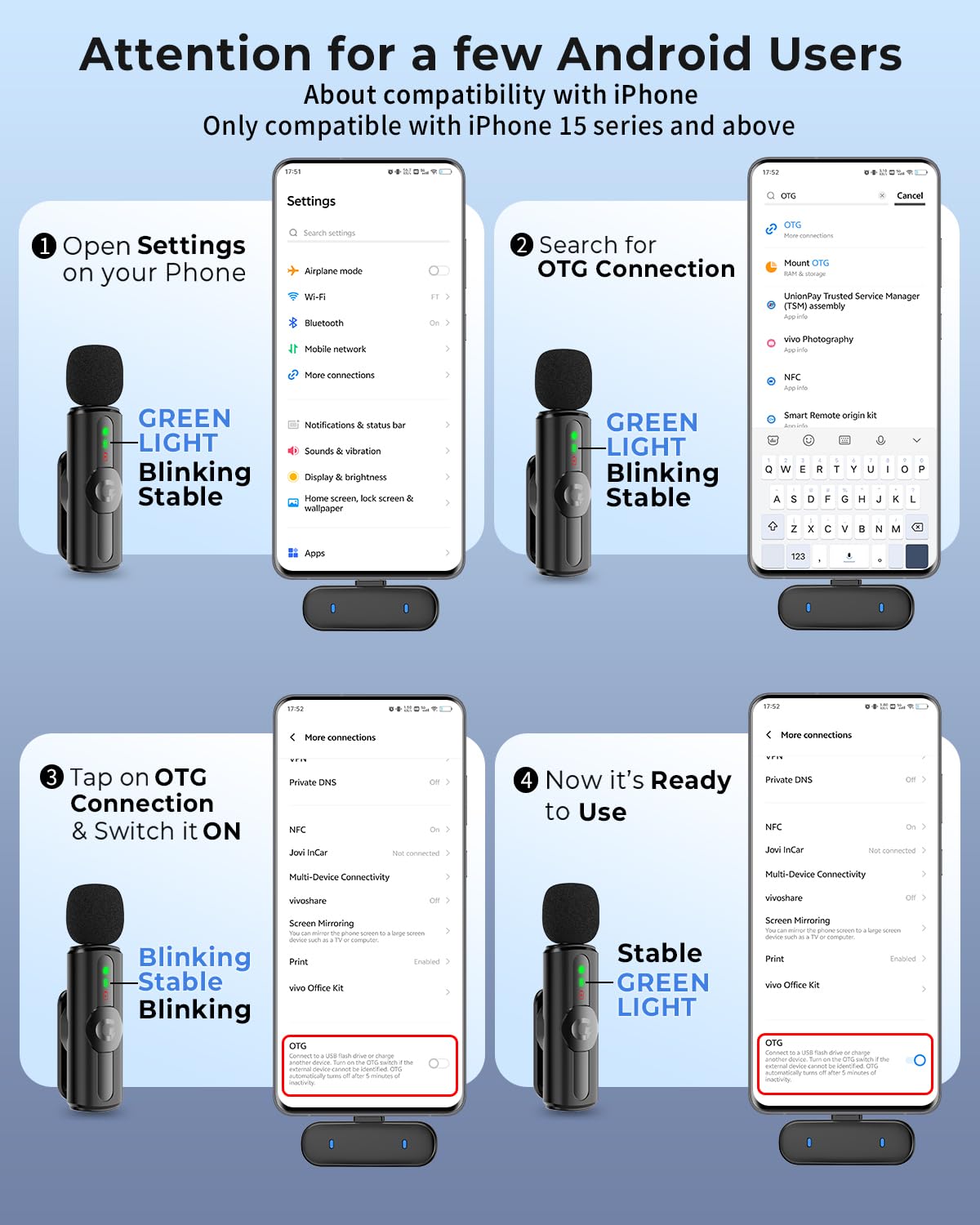 GRENARO Mic for YouTube Wireless, 3-Level Adjustable Noise Reduction Mic Wireless,S12 Wireless Microphone for Youtubers with LED Indicator Light (Single Channel Type-C Port Version)