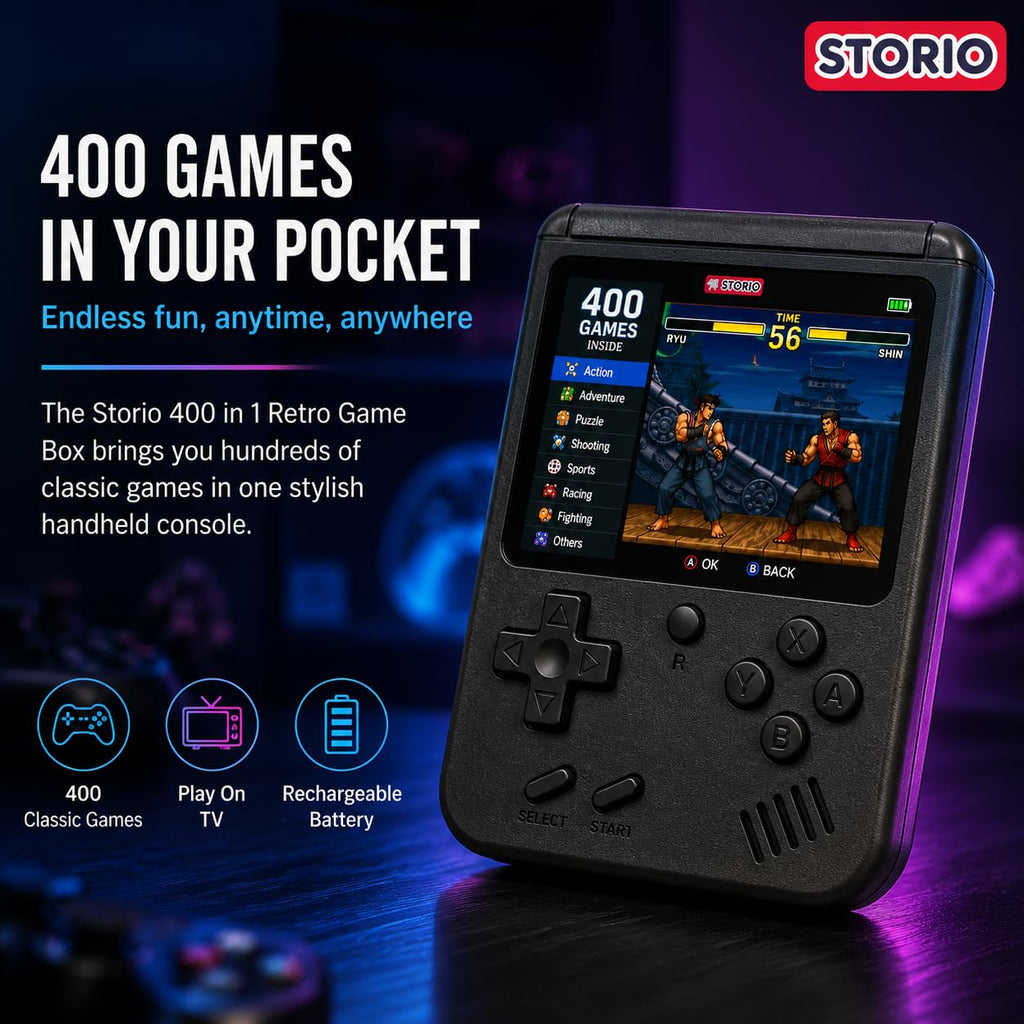 Storio Rechargeable Pocket Video Game for Kids 400 in 1 Retro Game Box Console Handheld Game Box with TV Output - Multicolor | 400 in 1 Retro Game Box Console, Handheld Game Box, TV Output