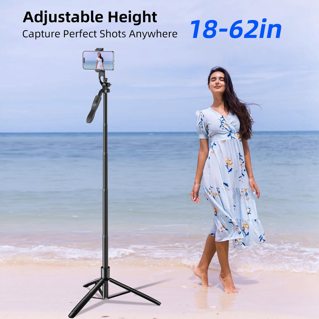 Mobilife Long Selfie Stick Tripod 360° Rotation Balance Handle 62" Extended Mobile Tripod Aluminum Bluetooth Remote 3 in 1 Selfie Tripod for Vlog Travel Smartphone Mirrorless Camera GoPro