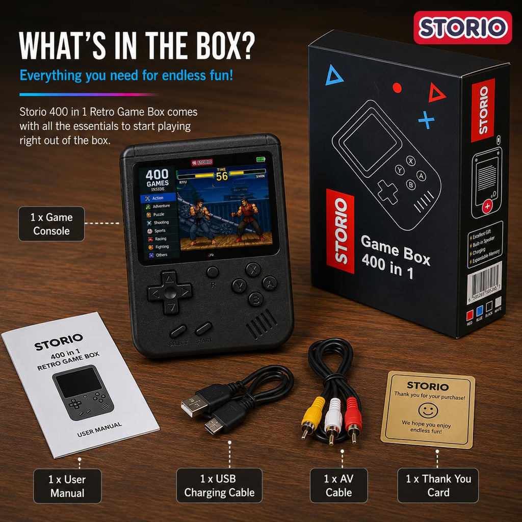 Storio Rechargeable Pocket Video Game for Kids 400 in 1 Retro Game Box Console Handheld Game Box with TV Output - Multicolor | 400 in 1 Retro Game Box Console, Handheld Game Box, TV Output