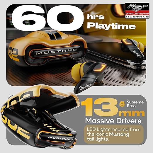 Mustang Torq Wireless Gaming Earbuds | 60H Playtime, 45ms Low Latency & Quad Mic ENC | Breathing LED TWS (Yellow)