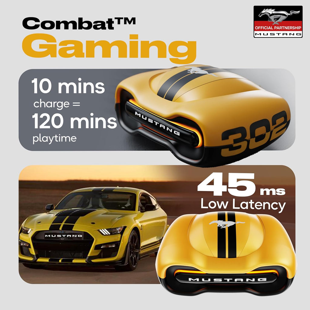 Mustang Torq Wireless Gaming Earbuds | 60H Playtime, 45ms Low Latency & Quad Mic ENC | Breathing LED TWS (Yellow)