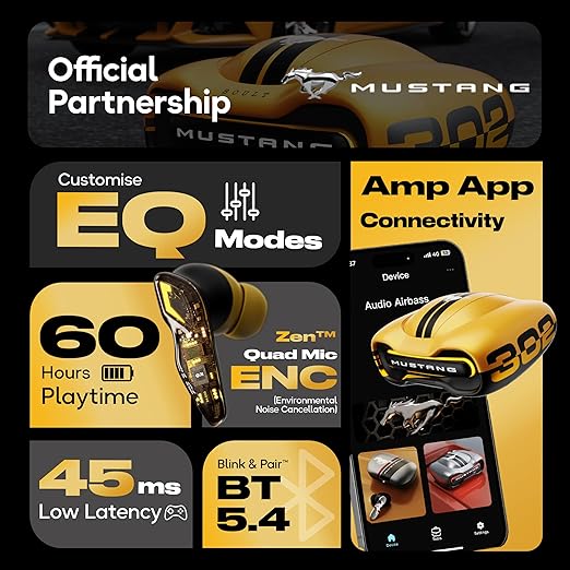 Mustang Torq Wireless Gaming Earbuds | 60H Playtime, 45ms Low Latency & Quad Mic ENC | Breathing LED TWS (Yellow)