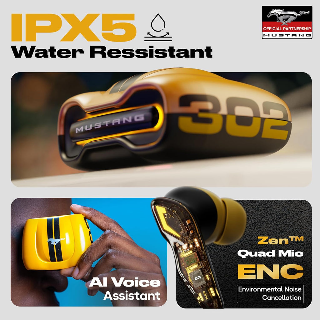 Mustang Torq Wireless Gaming Earbuds | 60H Playtime, 45ms Low Latency & Quad Mic ENC | Breathing LED TWS (Yellow)